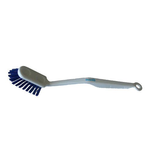 Die Spülbürste mittel (285 x 33 x 20 mm) von Diversey Deutschland GmbH & Co. OHG mit weißem Kunststoff, blauen Borsten und einem Griffloch - perfekt zum Reinigen von Geschirr und ideal für jede Küche.
