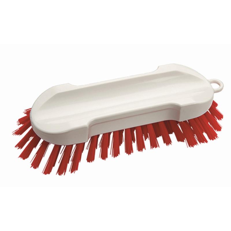 The hand brush without handle Hard (190 x 65 x 30 mm) from Diversey Deutschland GmbH & Co. OHG with hard bristles, white body, and hanging hole is placed on a white background.