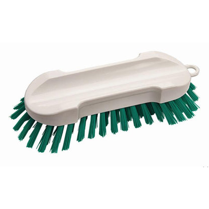 The hand brush without handle Hard (190 x 65 x 30 mm) from Diversey Deutschland GmbH & Co. OHG is a white cleaning tool made of plastic with hard bristles, a flat oval handle, and a loop for easy hanging.