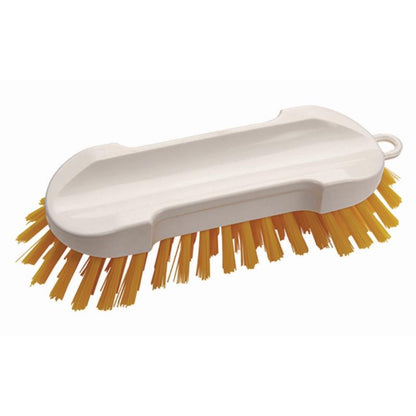 The hand brush without handle Hard (190 x 65 x 30 mm) from Diversey Deutschland GmbH & Co. OHG has hard bristles and is ideal for thorough cleaning. This white cleaning tool made of plastic is depicted on a white background.