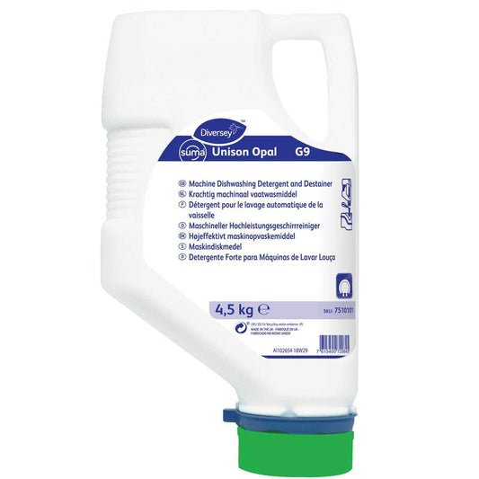 Eine 4500 g Kartusche Suma Unison Opal G9 von Diversey Deutschland GmbH & Co. OHG, aluminiumsicherer, nicht ätzender Geschirrreiniger, ideal für sicheres Geschirrspülen ohne Korrosion-geeignet für verschiedene Maschinen und Oberflächen.