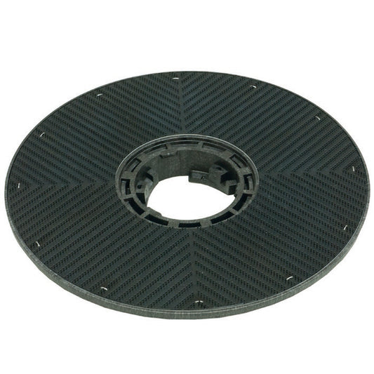 Der Diversey Führungssteller Harpoon-Grip (43 cm) ist eine schwarze, strukturierte Kunststoffscheibe mit zentralem Loch und strahlenförmigem Muster, konzipiert für Reinigungs- und Polierpads auf swingo 455 & 755. Packung: 1 Stück.