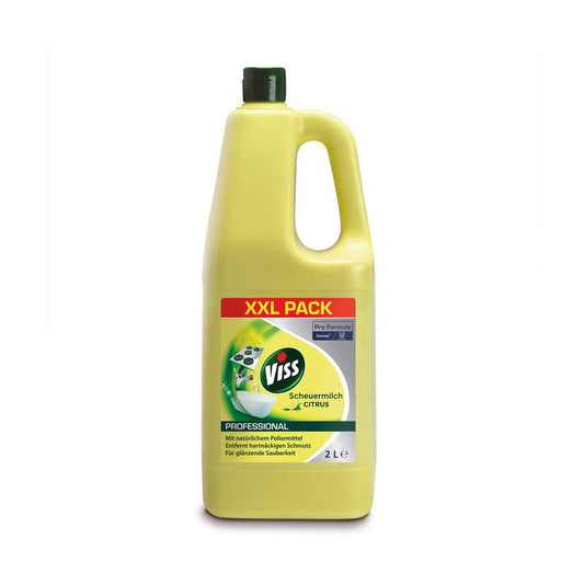 Eine gelbe 2-Liter-Flasche Professional Scheuermilch mit Zitrusduft von Diversey Deutschland GmbH & Co. OHG, XXL-Packung mit grünem Deckel und Zitrusmotiv – ideal für hartnäckige Flecken und sicher auf empfindlichen Oberflächen.