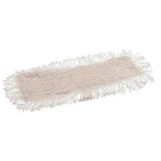 Ein rechteckiger weißer TASKI Multi Mop Wischbezug der Diversey Deutschland GmbH & Co. OHG mit Fransenrändern, konzipiert für die dauerhafte Bodenreinigung, liegt flach auf einem weißen Hintergrund.
