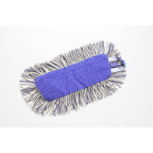 Ein TASKI K2 Schlingenklettmopp mit offenen Fransen von Diversey Deutschland GmbH & Co. OHG mit blauem, rechteckigem Moppkopf und weißen sowie grauen Fransen liegt auf weißem Untergrund.