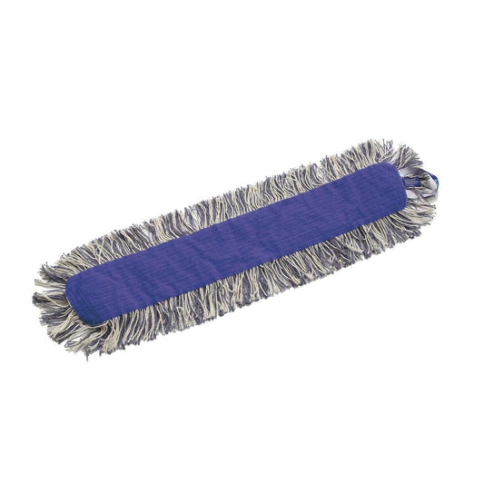 Ein rechteckiger blauer TASKI K2 Mopp, Schlingenklettmopp mit offenen Fransen von Diversey Deutschland GmbH & Co. OHG, abgebildet mit weißen und grauen offenen Fransen auf weißem Hintergrund.