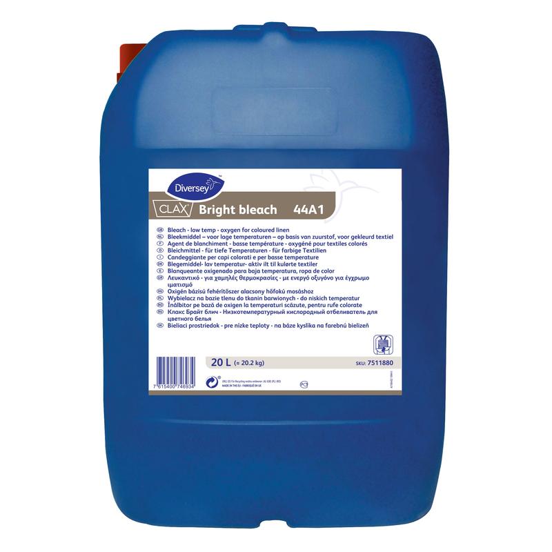 A large blue plastic container labeled "Clax Bright Bleach 44A1 Bleach for Colored Laundry" by Diversey Deutschland GmbH & Co. OHG, 20 L, with multilingual instructions for removing stubborn stains from colored laundry.