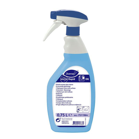 Eine blau-weiße 750ml Sprühflasche "Diversey Suma Rapid D6, Universeller Glas- und Oberflächenreiniger" von Diversey Deutschland GmbH & Co. OHG, beschriftet mit Produktinformation und Anleitung zur streifenfreien Reinigung.