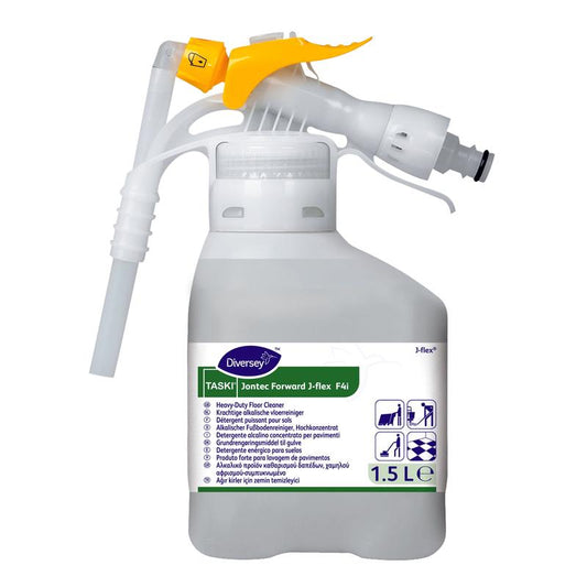 Eine 1,5-Liter-Flasche TASKI Jontec Forward Fußbodenreiniger Hochkonzentrat von Diversey Deutschland GmbH & Co. OHG mit gelb-weißer Sprühdüse – eine effektive Lösung für die Reinigung von Böden und Oberflächen in anspruchsvollen Umgebungen.