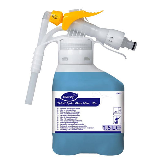 Eine 1,5L Flasche Diversey TASKI Sprint Glass J-Flex Hochkonzentrat Glas- und Oberflächenreiniger von Diversey Deutschland GmbH & Co. OHG eignet sich für vielseitige Glasreinigung.