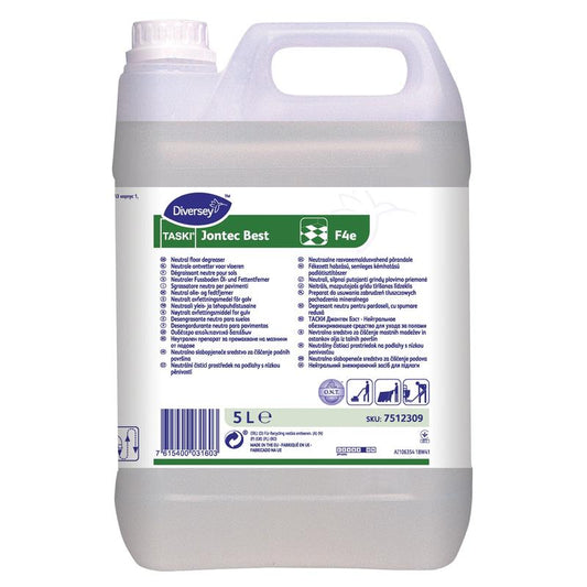 Ein 5-Liter-Kunststoffbehälter der Diversey Deutschland GmbH & Co. OHG TASKI Jontec Best Öl- und Fettentferner für gewerbliche Anwendungen, mit einem weißen Etikett mit Details, Gebrauchsanweisungen und einem oberen Griff zum einfachen Tragen.
