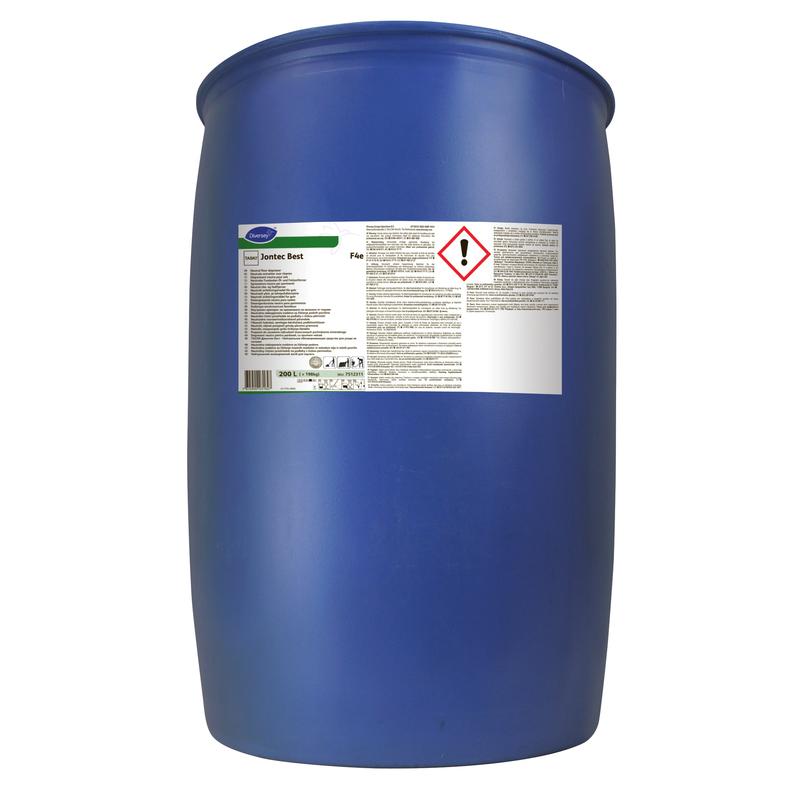 A large blue industrial plastic barrel from Diversey Deutschland GmbH & Co. OHG, marked with a red hazard pictogram, contains TASKI Jontec Best oil and grease remover for commercial use. The white label contains text, symbols, and warnings.