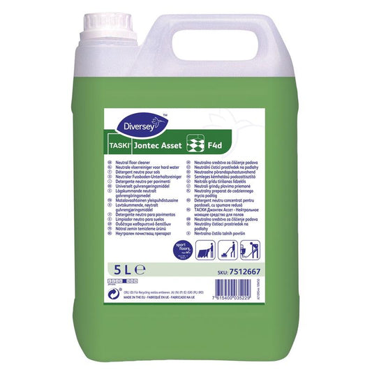 Ein grüner 5-Liter-Kunststoffkanister mit Diversey TASKI Jontec Asset Neutraler Fußboden-Unterhaltsreiniger für wasserbeständige Hartbeläge, mit weißer Kappe, Sicherheitssymbolen, Produktetikett und mehrsprachigen Anweisungen auf der Vorderseite.