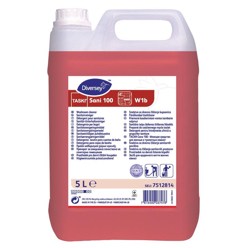 Ein 5-Liter-Gebinde TASKI Sani 100 Neutraler Sanitärreiniger der Diversey Deutschland GmbH & Co. OHG mit roter Flüssigkeit. Das Etikett zeigt Produktdetails und mehrsprachige Hinweise für hygienische Sauberkeit in allen Sanitärbereichen.