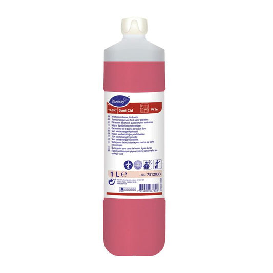 Eine 1-Liter-Flasche TASKI Sani Cid Sanitär-Unterhaltsreiniger der Diversey Deutschland GmbH & Co. OHG verfügt über einen weißen Verschluss, ein rotes Etikett mit Produktinformationen, Anwendungshinweisen für hygienische Oberflächen und Gefahrensymbolen.