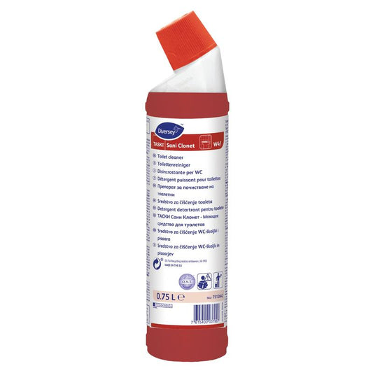 Eine rot-weiße 750-ml-Flasche TASKI Sani Clonet WC-Reiniger von Diversey, gebrauchsfertig auf Basis von Zitronen- und Sulfaminsäure, mit gekipptem Ausguss und mehrsprachigem Etikett.
