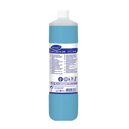 Eine 1-Liter-Flasche TASKI Sprint 200 Alkohol-Unterhaltsreiniger von Diversey Deutschland GmbH & Co. OHG enthält eine blaue Flüssigkeit und ein weißes Etikett mit Gebrauchsanweisungen, Produktinformationen und Sicherheitssymbolen für die hygienische Bodenreinigung.