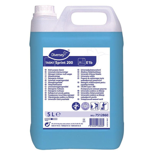 Eine 5-Liter-Flasche TASKI Sprint 200 Alkohol-Unterhaltsreiniger der Diversey Deutschland GmbH & Co. OHG mit blauer Flüssigkeit und weißem Verschluss enthält ein Etikett mit Anwendungshinweisen für eine effektive und hygienische Bodenreinigung.