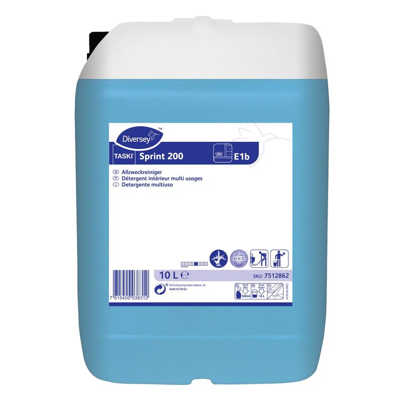 Ein 10-Liter-Kunststoffbehälter mit TASKI Sprint 200 Alkohol-Unterhaltsreiniger von Diversey Deutschland GmbH & Co. OHG, mit blauer Flüssigkeit, Produktetiketten mit Reinigungssymbolen und Sicherheitshinweisen auf der Vorderseite für eine effektive Bodenhygiene.