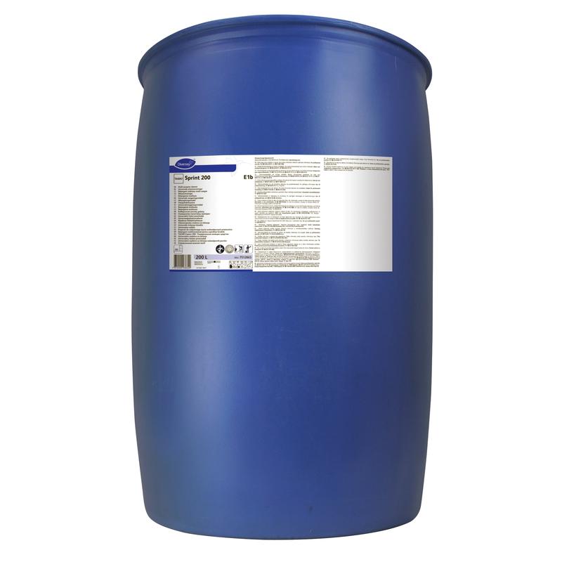 Auf einem schlichten weißen Untergrund steht aufrecht ein großes blaues Kunststofffass TASKI Sprint 200 Alkohol-Unterhaltsreiniger der Diversey Deutschland GmbH & Co. OHG mit weißem Etikett, ideal für eine effektive Reinigung und einen hygienisch sauberen Boden.