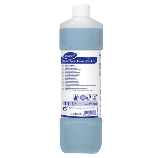 Eine 1-Liter-Flasche TASKI Sprint Flower Desodorierender Unterhaltsreiniger von Diversey Deutschland GmbH & Co. OHG enthält eine blaue Flüssigkeit, einen weißen Deckel und ein Etikett mit Produktinformationen, Anweisungen und Sicherheitssymbolen.