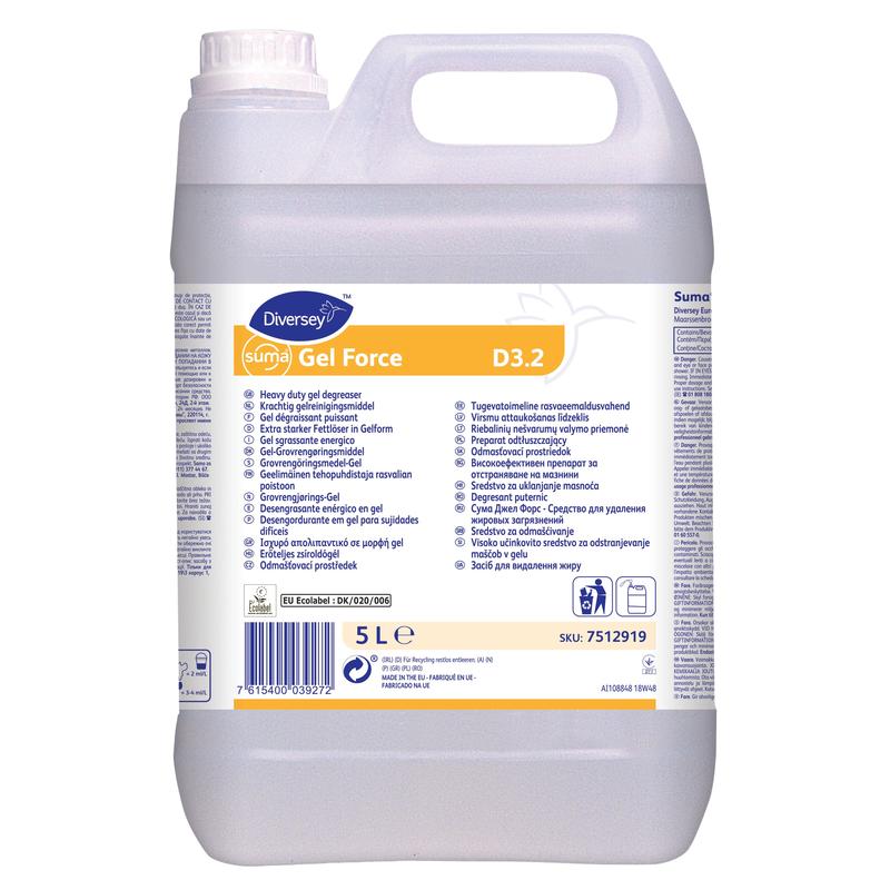Eine 5-Liter-Flasche Suma Gel Force D3.2, ein umweltzertifizierter, leistungsstarker Gel-Entfetter mit verlängerter Einwirkzeit von Diversey Deutschland GmbH & Co. OHG, ideal für Großküchen.