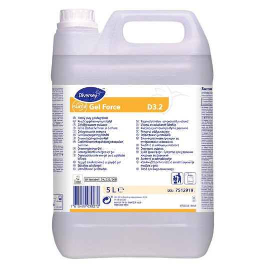 Eine 5-Liter-Flasche Suma Gel Force D3.2, ein umweltzertifizierter, leistungsstarker Gel-Entfetter mit verlängerter Einwirkzeit von Diversey Deutschland GmbH & Co. OHG, ideal für Großküchen.