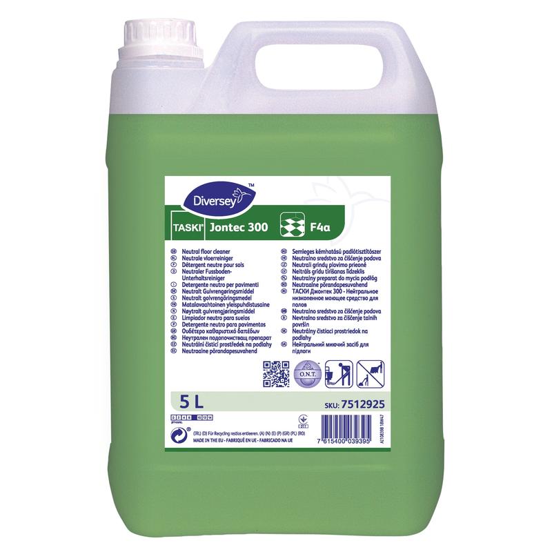 Ein 5-Liter-Kunststoffbehälter mit TASKI Jontec 300 Neutraler Fußbodenunterhaltsreiniger von Diversey Deutschland GmbH & Co. OHG, ideal für wasserbeständige Oberflächen. Die grüne Flüssigkeit, das Frontetikett, die Anweisungen und der Barcode sind deutlich sichtbar.