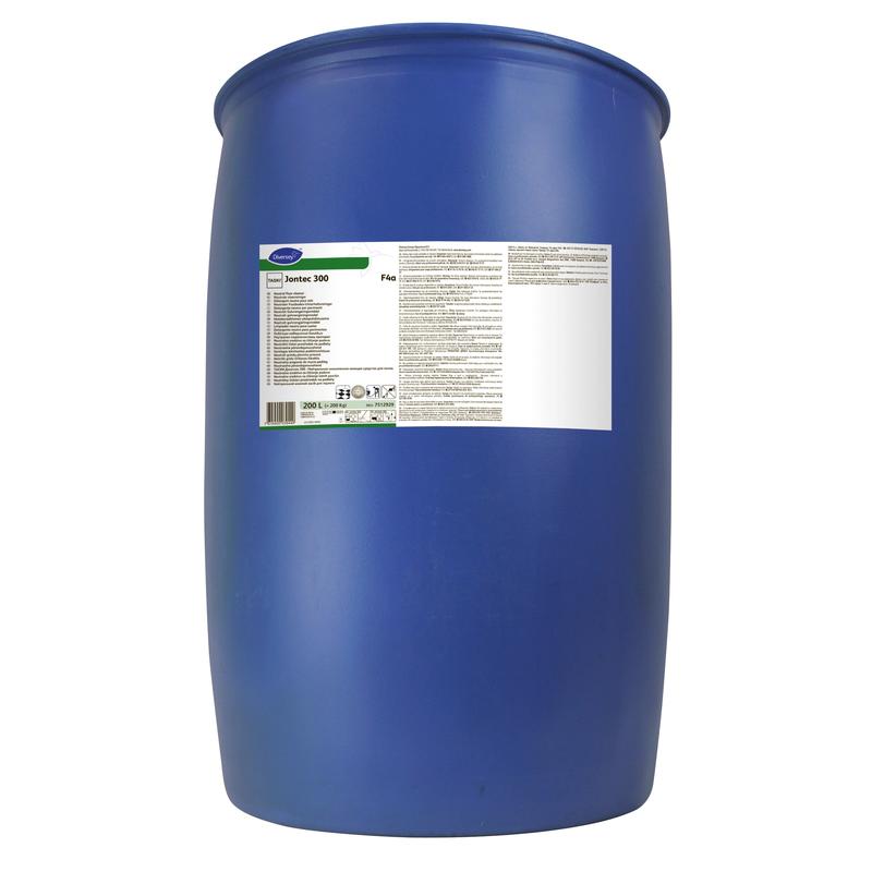 Ein großes blaues Kunststofffass mit TASKI Jontec 300 Neutraler Fußbodenunterhaltsreiniger von Diversey Deutschland GmbH & Co. OHG steht aufrecht, das weiße Etikett ist sichtbar. Ideal für wasserbeständige Oberflächen, sorgt es für streifenfreien Glanz. Einfacher weißer Hintergrund.
