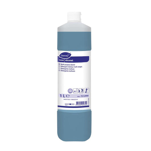 Eine 1-Liter-Flasche des blauen TASKI Alconet Mehrzweckreinigers der Diversey Deutschland GmbH & Co. OHG. Das Etikett enthält mehrsprachige Anwendungshinweise und unterstreicht die vielseitige und kraftvolle Reinigungsleistung dieses Produkts.