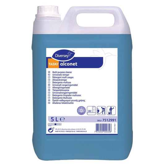 Ein 5-Liter-Behälter TASKI Alconet Mehrzweckreiniger von Diversey Deutschland GmbH & Co. OHG mit blauer Flüssigkeit und einem weißen Etikett mit mehrsprachigen Produktdetails, Symbolen und einem Barcode.