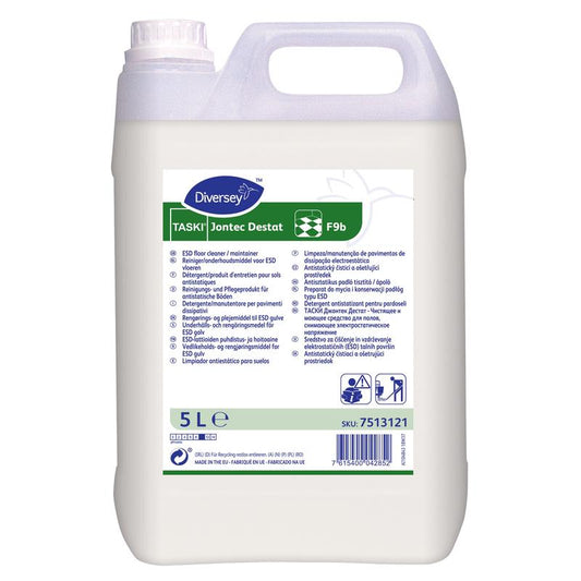 Ein 5-Liter-Kanister von TASKI Jontec Destat, einem leitfähigen Unterhaltsreiniger der Diversey Deutschland GmbH & Co. OHG, für ESD-Böden in der Elektronikindustrie, mit Produktinformation und Anleitung auf dem Frontetikett.