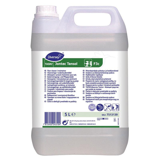 Ein 5-Liter-Kunststoffbehälter TASKI Jontec Tensol Bodenpflege-Reiniger der Diversey Deutschland GmbH & Co. OHG mit weißem Schraubverschluss und grün-weißem Etikett mit mehrsprachiger Anleitung zur effektiven Bodenreinigung.