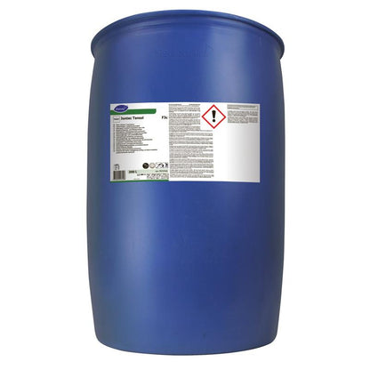 A large blue plastic drum with a white label and hazard symbols indicates that it contains TASKI Jontec Tensol floor care cleaner from Diversey Deutschland GmbH & Co. OHG for floor cleaning.