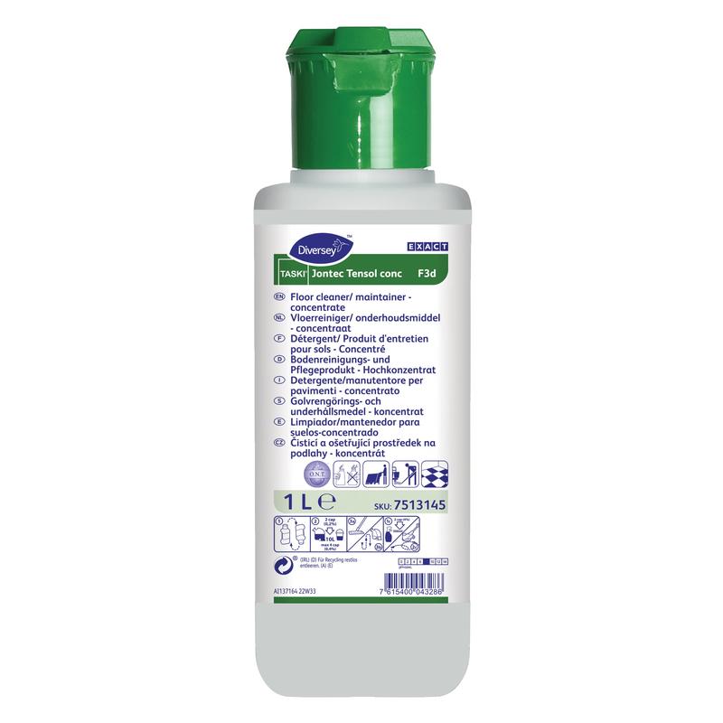 Eine 1-Liter-Weißflasche TASKI Jontec Tensol Hochkonzentrat-Reiniger von Diversey Deutschland GmbH & Co. OHG, ein konzentrierter Bodenreiniger mit grünem Deckel und mehrsprachiger Anleitung auf dem Vorderetikett.