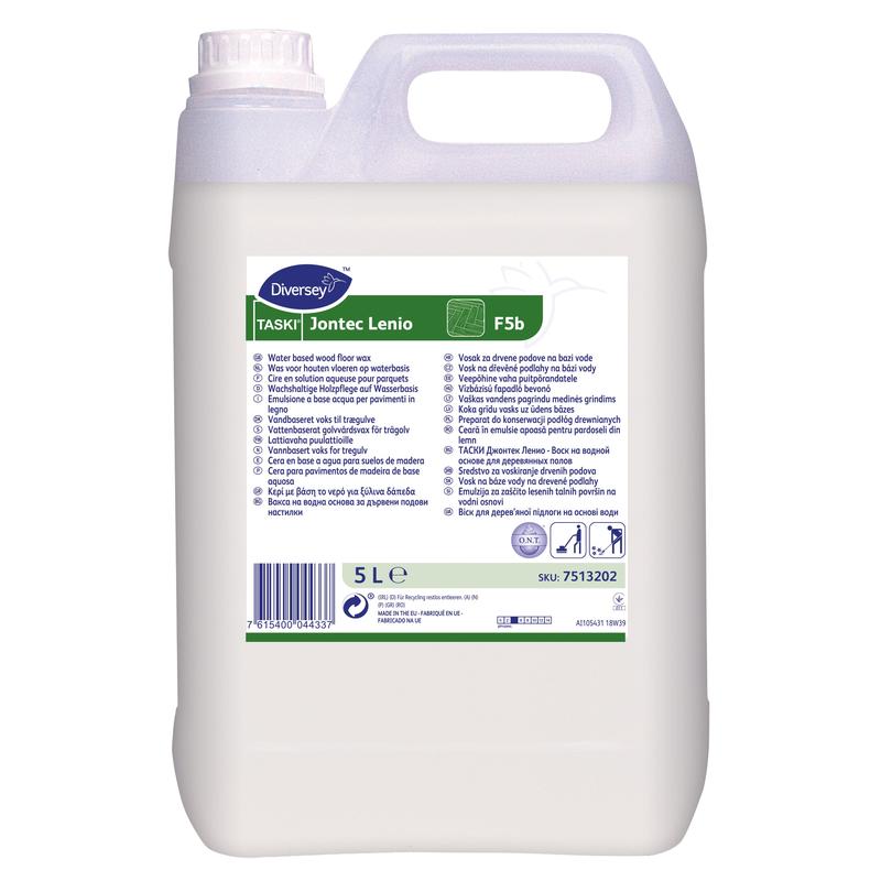 Ein 5-Liter-Kanister von Diversey TASKI Jontec Lenio, einer lösungsmittelfreien Wachsdispersion zur Pflege von Holzbelägen, von Diversey Deutschland GmbH & Co. OHG, mit Griff, Schraubverschluss und mehrsprachigem Produktetikett.