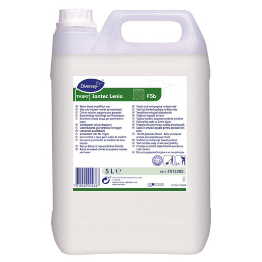 Ein 5-Liter-Kanister von Diversey TASKI Jontec Lenio, einer lösungsmittelfreien Wachsdispersion zur Pflege von Holzbelägen, von Diversey Deutschland GmbH & Co. OHG, mit Griff, Schraubverschluss und mehrsprachigem Produktetikett.