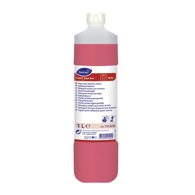 Der 1 l TASKI Sani Ami Sanitär-Grundreiniger von Diversey Deutschland GmbH & Co. OHG verwendet alkalische und komplexbildende Wirkstoffe zur Entfernung hartnäckiger Verschmutzungen; inklusive weißer Kappe und mehrsprachigem Etikett zur einfachen Anwendung.