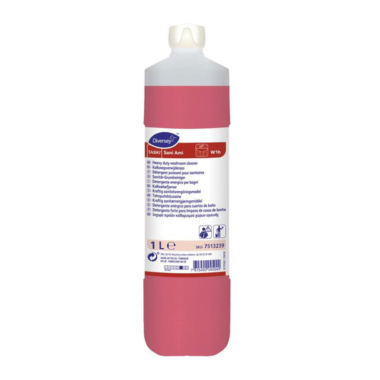 Der 1 l TASKI Sani Ami Sanitär-Grundreiniger von Diversey Deutschland GmbH & Co. OHG verwendet alkalische und komplexbildende Wirkstoffe zur Entfernung hartnäckiger Verschmutzungen; inklusive weißer Kappe und mehrsprachigem Etikett zur einfachen Anwendung.