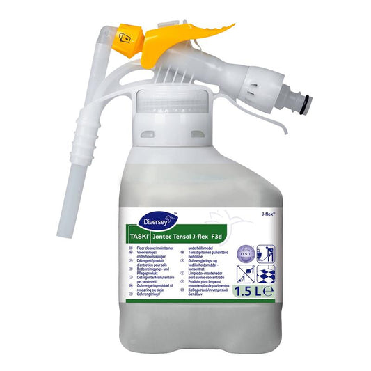 Ein 1,5-Liter-Behälter aus weißem Kunststoff mit TASKI Jontec Tensol Hochkonzentrat-Reiniger von Diversey Deutschland GmbH & Co. OHG, mit einer gelben Sprühdüse und einem Etikett mit Produktdetails und Gebrauchsanweisungen.