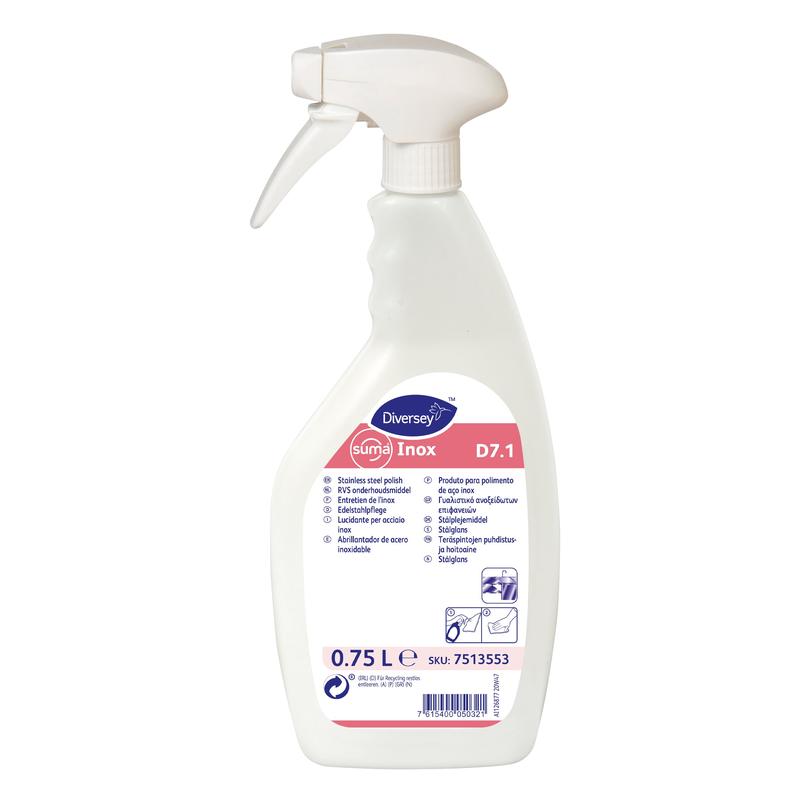 A white 750 ml spray bottle of Diversey Suma Inox D7.1 stainless steel care emulsion from Diversey Deutschland GmbH & Co. OHG, with a white spray nozzle and a pink-blue label with multilingual cleaning instructions for stainless steel.