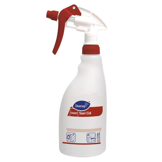 Eine weiße 0,5L Triggersprayflasche Sani Cid von Diversey Deutschland GmbH & Co. OHG mit rotem Schaumtrigger und Kappe, blau/roter Reinigungsanleitung und dem Etikett "Nachfüllflasche Sani Cid" für die Oberflächenreinigung (1 Stück).