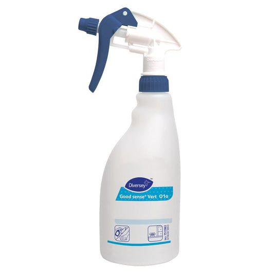 Eine weiße Kunststoff Triggersprayflasche (0,5L) mit blauem Sprüher von Diversey Deutschland GmbH & Co. OHG, mit der Aufschrift "Good Sense Vert" und einer illustrierten Reinigungsanleitung am Boden. Verkauft als Karton (5 Flaschen).