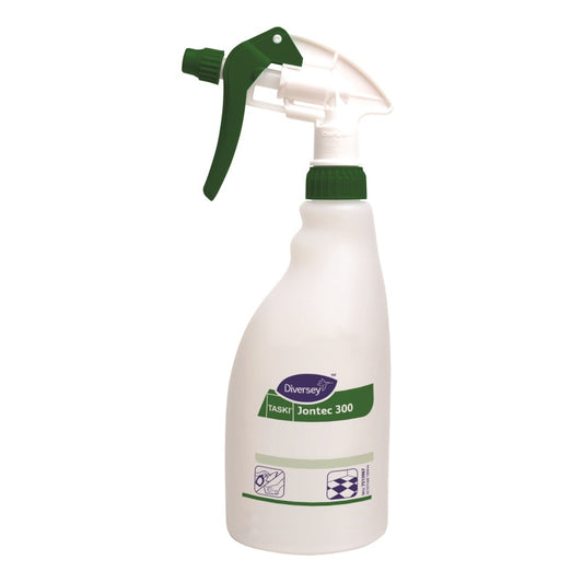 Eine weiße Triggersprayflasche Jontec 300 mit grünem Sprühkopf von Diversey Deutschland GmbH & Co. OHG, mit grünen und violetten Etiketten sowie Piktogrammen; geeignet als Nachfüllflasche (1 Stück).