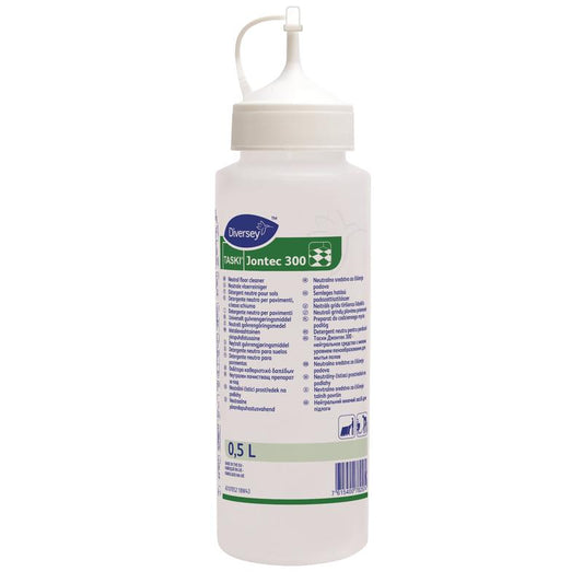 Eine 0,5-Liter-Dosierflasche Jontec 300 aus weißem Kunststoff von Diversey Deutschland GmbH & Co. OHG mit ergonomischem Design, spitzer Dosierkappe und mehrsprachiger Produktinformation auf der Vorderseite.