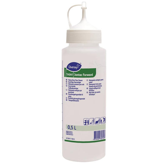 Eine 0,5 L Dosierflasche Jontec Forward von Diversey Deutschland GmbH & Co. OHG mit spitz zulaufender Düsenkappe; das Etikett zeigt Produktinfos und Anwendungssymbole in mehreren Sprachen.