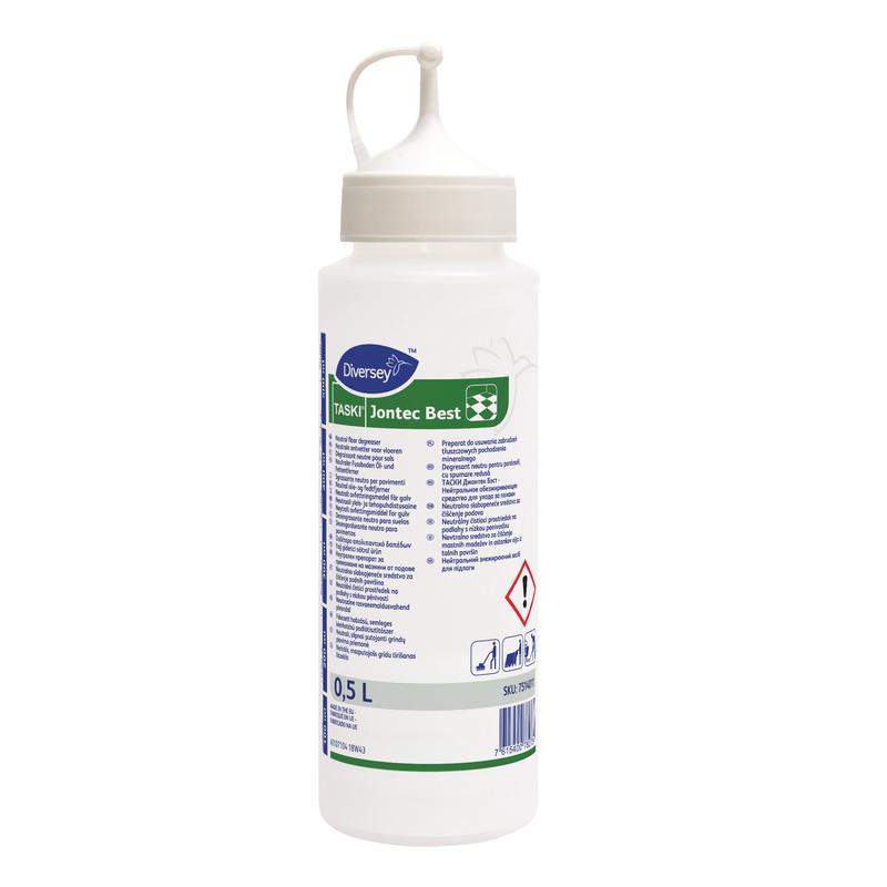 Eine 0,5L Dosierflasche Jontec Best von Diversey Deutschland GmbH & Co. OHG zur präzisen Dosierung in der industriellen Bodenpflege, mit Spitzdüsenkappe und Hinweisschild mit Warnsymbolen.