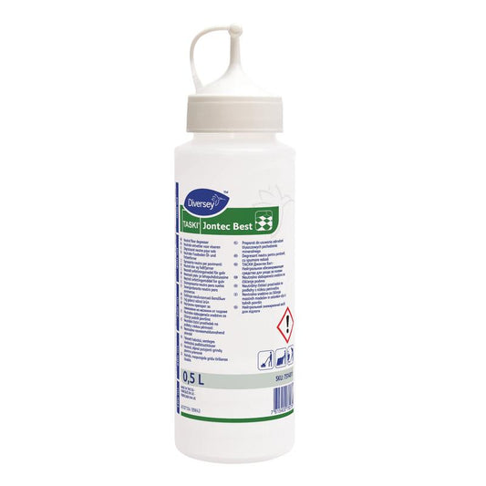 Eine 0,5L Dosierflasche Jontec Best von Diversey Deutschland GmbH & Co. OHG zur präzisen Dosierung in der industriellen Bodenpflege, mit Spitzdüsenkappe und Hinweisschild mit Warnsymbolen.