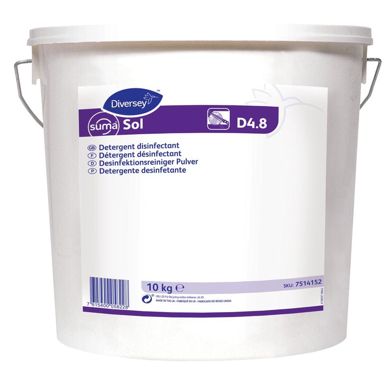 Ein weißer 10 kg Kunststoffeimer mit der Aufschrift "Suma Sol D4.8, Desinfektionsmittel" von Diversey Deutschland GmbH & Co. OHG verfügt über einen mehrsprachigen Text, einen Metallgriff und einen Barcode im unteren Etikettenbereich.