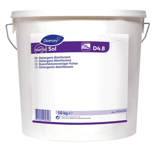 Ein weißer 10 kg Kunststoffeimer mit der Aufschrift "Suma Sol D4.8, Desinfektionsmittel" von Diversey Deutschland GmbH & Co. OHG verfügt über einen mehrsprachigen Text, einen Metallgriff und einen Barcode im unteren Etikettenbereich.